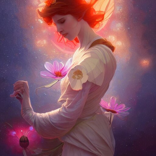 Flower in the cosmos, highly detailed, digital painting, artstation, concept art, smooth, sharp focus, illustration, Unreal Engine 5, 8K, art by artgerm and greg rutkowski and alphonse mucha