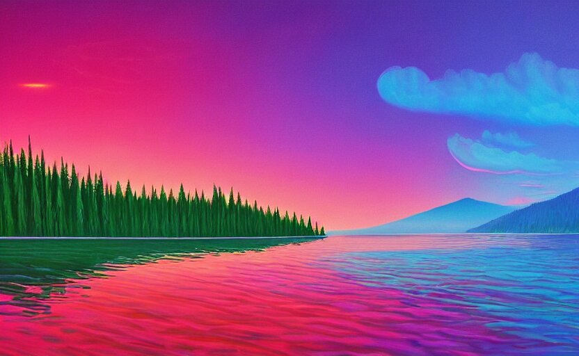 beautiful award winning synthwave painting of a wintery canadian lake, extreme detail, digital art, 4 k, ultra hd. add some snow in the background to create a wintery scene