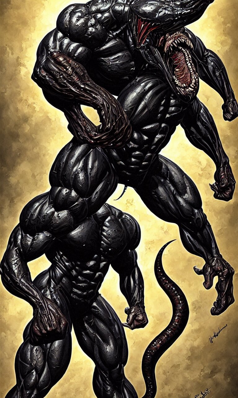 hyper realist full body long shot portrait of bodybuilder venom from marvel comics!!!!, leg study!!!, large mouth with teeth, large tongue, lovecraftian horror!!, fantasy, intricate, elegant, highly detailed, digital painting, artstation, concept art, matte, sharp focus, illustration, art by glenn fabry and giger with tattoo that says "I am the. Add tattoo with text that says "I am the best"