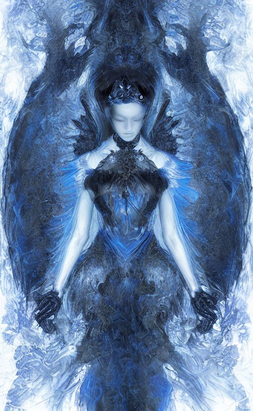 Gothic princess in dark and blue dragon armor. By Rembrandt painting (1667), fractal flame!!!!!, highly detailded