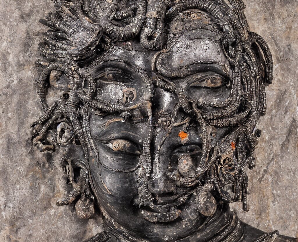 high relief indian sculpture of cyborg demon woman, made of polychrome plaster stucco, covered in black shiny metallic paint, middle eastern, cracked, gyokugan eyes, dirty, low modern faceted style patterns, realistic, on a large marble wall, highly detailed, photography, high contrast, masterpiece,