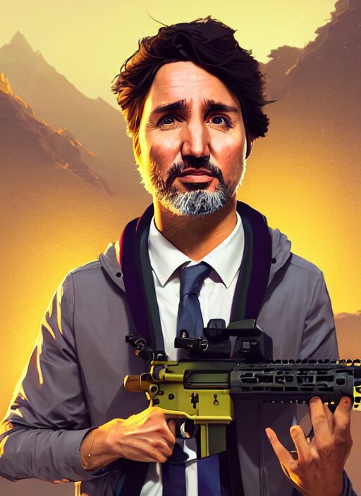 highly detailed portrait justin trudeau in ( ( yellow hoody rainbow socks ) ) holding ar - 1 5! in gta v stephen bliss unreal engine fantasy art by greg rutkowski loish rhads ferdinand knab makoto shinkai lois van baarle ilya kuvshinov rossdraws tom bagshaw global illumination radiant light detailed intricate environment