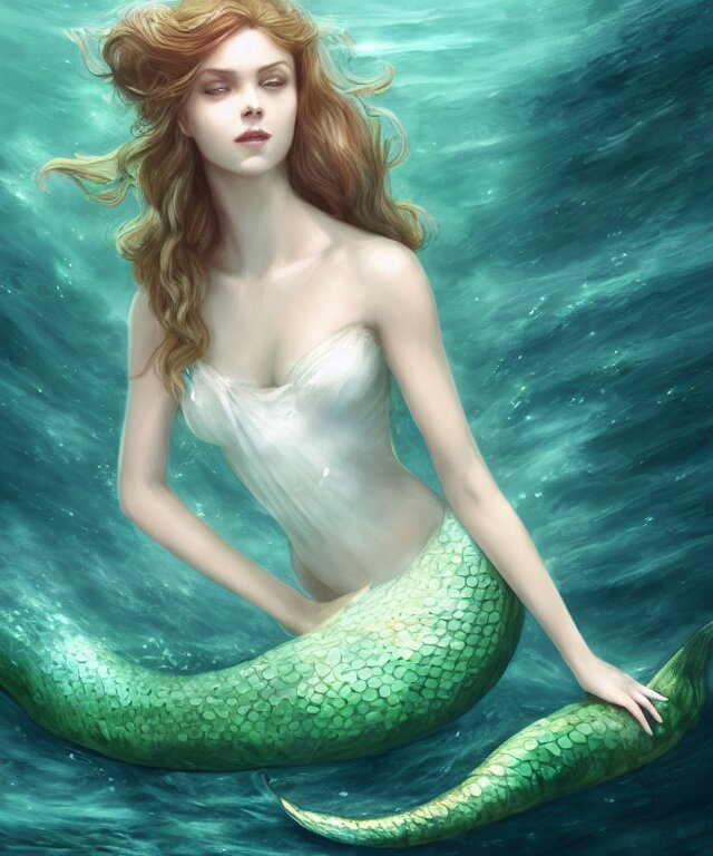 mermaid with tail wearing white sundress by charlie bowater and titian and artgerm, full - body portrait, intricate, face, underwater, elegant, green mist, beautiful, highly detailed, dramatic lighting, sharp focus, trending on artstation, artstationhd, artstationhq, unreal engine, 4 k, 8 k