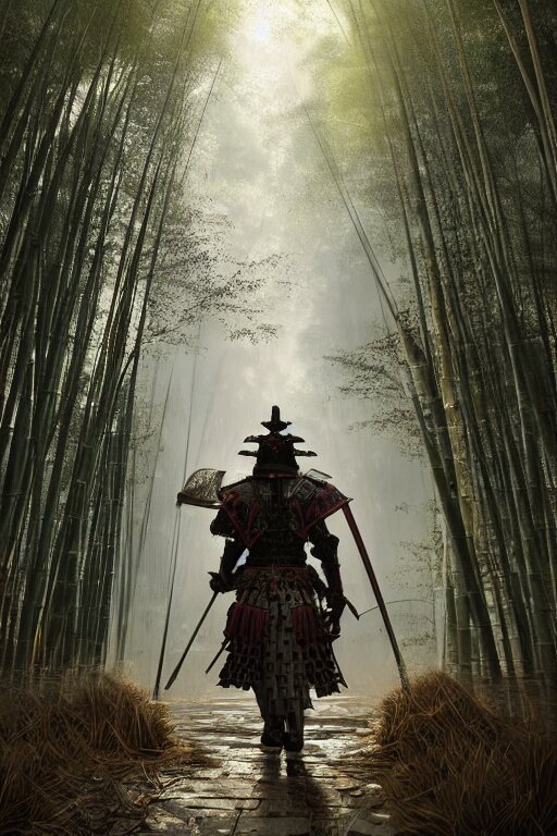 an epic samurai in full armor in a mysterious japanese bamboo forest with light shafts, atmospheric lighting, by greg rutkowski, ultra realistic, concept art, intricate details, highly detailed, photorealistic, octane render, 8 k, unreal engine