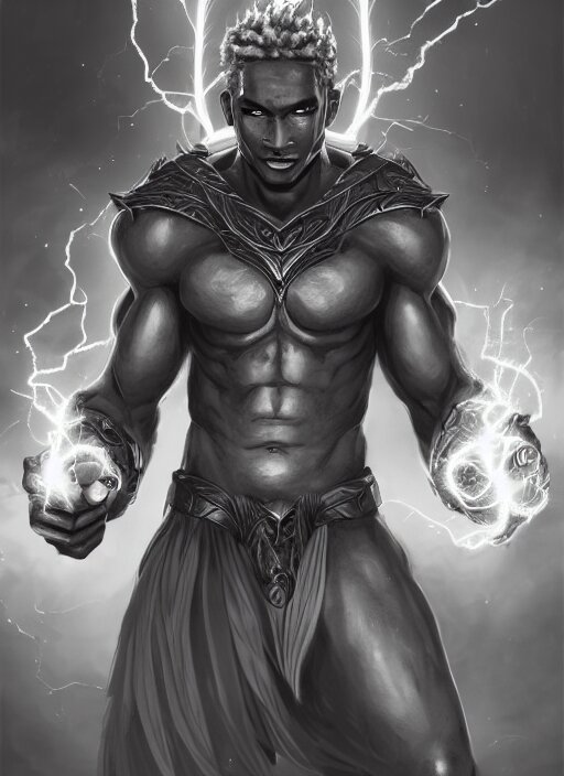 a highly detailed illustration of short fade hair african god of lightning, evil summoning lightning from hands pose, moonlit clouds background, muscular, intricate, elegant, highly detailed, centered, digital painting, artstation, concept art, smooth, sharp focus, league of legends concept art, WLOP