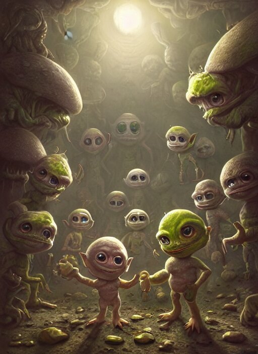 Highly detailed wide - angle group portrait of cute extraterrestrial goblins in their favorite moonbase, 3D model!. make it a 3D model!