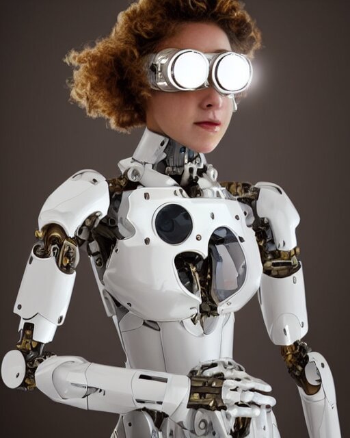 Soulful young tea leoni as a solarpunk mecha humanoid robotic parts wearing crystal goggles with bright led lights in a white room, ultra - realistic and intricate, soft portrait shot 8k. remove human face