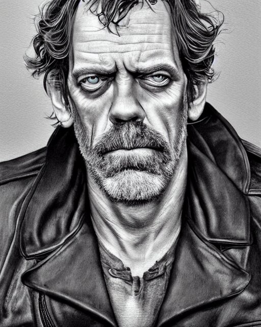 hugh laurie, gritty, dark, beard, wearing a leather jacket, very detailed eyes, hyperrealistic, very detailed painting by Glenn Fabry, by Joao Ruas, by Artgerm