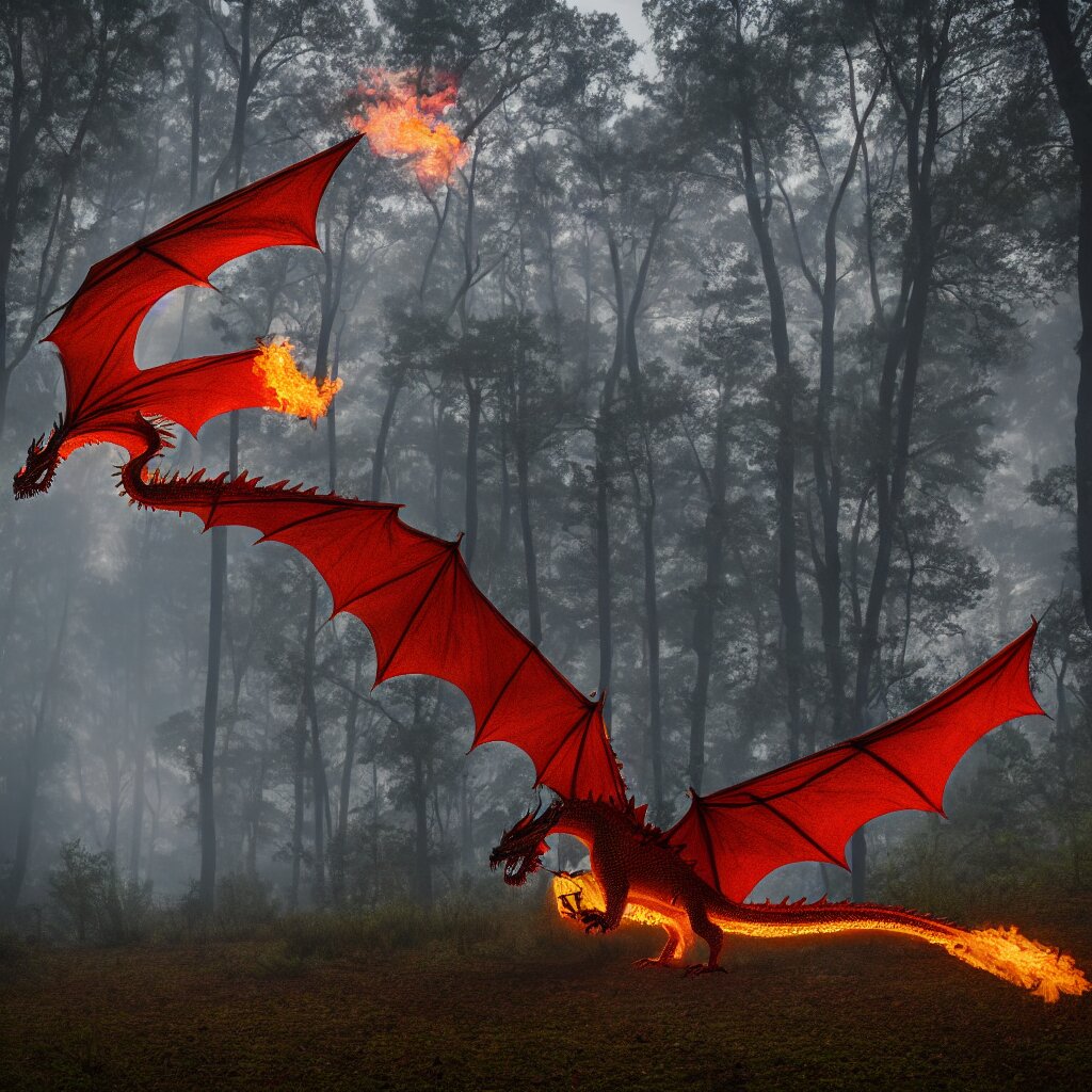 Dragon Over Foggy Old Forest Near Small Pond - Professional Photography. make the dragon fire-breathing