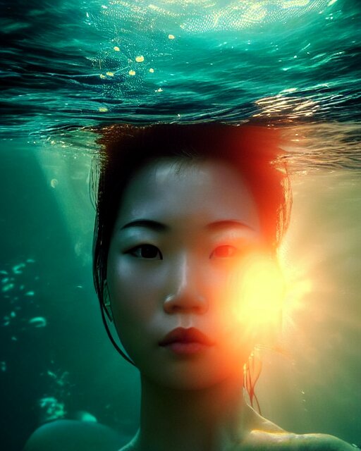 portrait of asian woman underwater during sunrise, sunrays, aquaman aesthetic, caustics, rippling water, photoshoot, flowing hair, haunting!, iconic, fine-art, masterpiece!!!, cinematic, trending on artstation, atmospheric