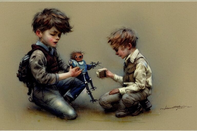 ( ( ( ( ( 1 9 5 0 s boy and his small pet robot. faded colors. ) ) ) ) ) by jean - baptiste monge!!!!!!!!!!!!!!!!!!!!!!!!!!!. add a gradient to make it look like a painting