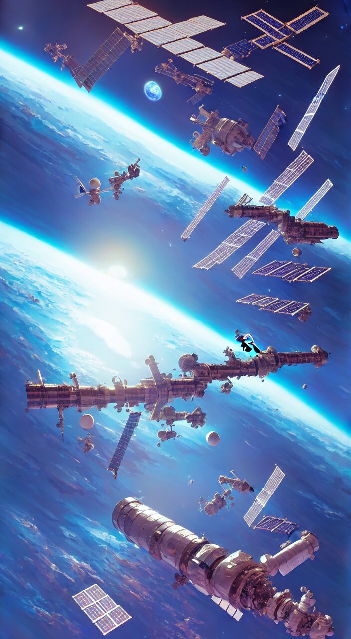 International Space Station orbiting Earth, in Marble Incrusted of Legends Official Fanart by jesper ejsing, by rhads, makoto shinkai and lois van baarle, ilya kuvshinov, rossdraws Global Illumination. change the space station to a Boeing 747