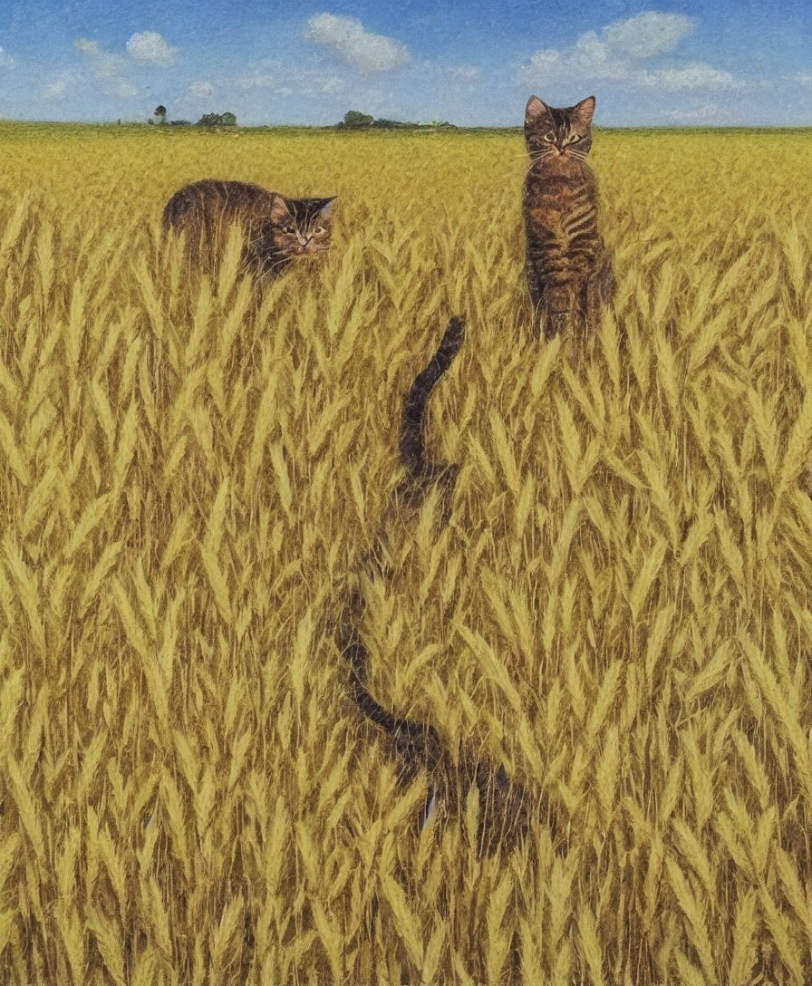 cat in farmer clothes, in the wheat field, against a natural landscape on the background, with a sharp deep focus. This is an oil painting. cat in farmer clothes, against a green and yellow wheat field, with a streaks of white in the background, in soft light.