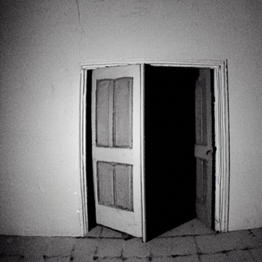 the backrooms, liminal space, eerie, grainy footage, first person, a ghostly figure is seen walking past the darkness behind the door.