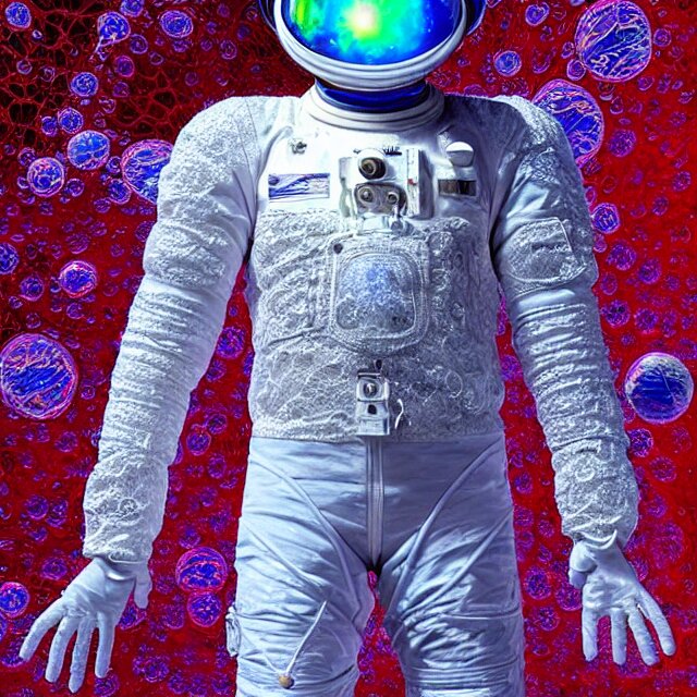 realistic extremely detailed  photo style  painting of a complete  astronaut suit with exposed diamond 3d fractal lace iridescent bubble 3d skin clear brain+ one hand holding a glowing sparkle plasma spear and multiple chest  arm and legs chelate appendages and in a jumping float Pose
,opal ruby diamond iridescent fractal lace bubble materials,against a red lace wall,
monolithic retro futuristic ,water , by style hybrid mix of beeple+Anton Pieck+Jean Delville+ Amano,Yves Tanguy+ Alphonse Mucha+ Ernst Haeckel+ Edward Robert Hughes+Stanisław Szukalski , compound eys lenses,
rich moody colors,diamond dust glitter and sparkles, holographic krypton ion,blue eyes,octane render,4k,
f32,55mm photography,wide angle ,jumping float Pose,full shot,