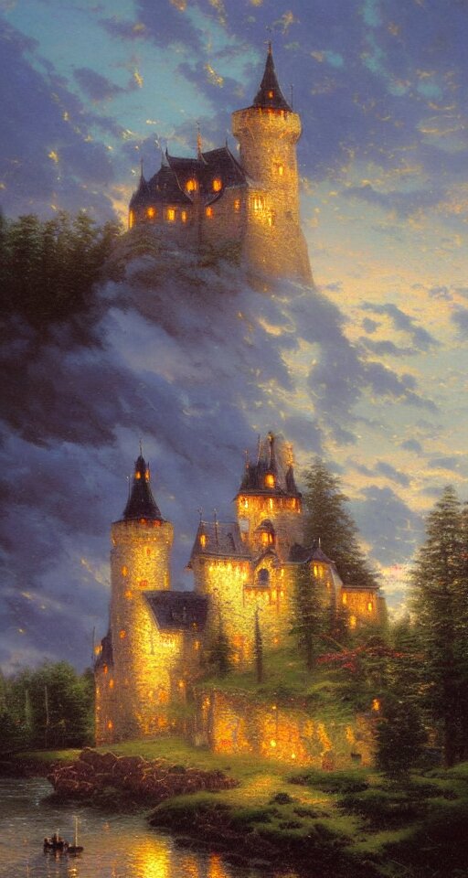 Thomas Kinkade Painting: Midnight Blue Castle in the Woods, Dusk. change cloudy sky to midnight blue