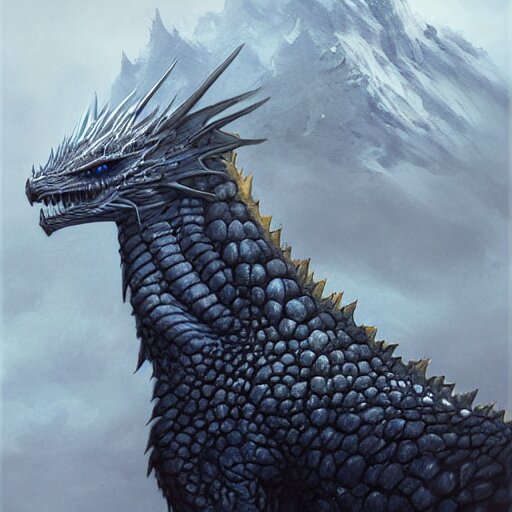 adult white dragon, long lens, close up, by greg rutkowski, drark, marvel comics, dark, plutus su and chris scalf and lucas graciano and billy christian, symmetrical, snowy mountains, atmospheric haze, blue eye, grey and gold color palette, painting, d & d, fantasy, detailed, realistic, complimentary colors, light, artstation, cinematic, dramatic lighting, close up, storm clouds, hudson river school 