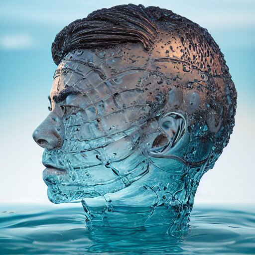 a water sculpture in the shape of a human head, on the ocean water, water manipulation photoshop, behance, ray tracing, cinematic, in the style of johnson tsang, long shot, hyper detailed, hyper realistic, 8 k resolution, sharp focus, realistic water, award winning. a water sculpture in the shape of a human head, on the ocean water, water manipulation photoshop, behance, ray tracing, cinematic, in the style