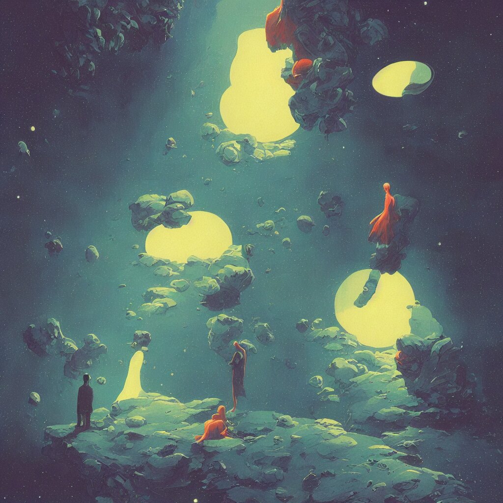 a scifi multiverse scene in space of a spiritual being dreaming psychedelic hallucinations in cosmos, by kawase hasui, moebius, Edward Hopper and James Gilleard, Zdzislaw Beksinski, Steven Outram colorful flat surreal design, hd, 8k, artstation