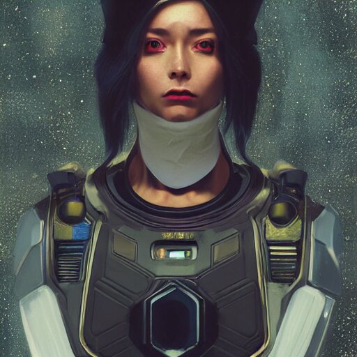 A hyper realistic character concept art of a cyberpunk space force captain, half body, front facing camera, 4 k rendered in octane, trending in artstation, cgsociety, 4 k post - processing highly detailed by wlop, junji murakami, mucha klimt, sharandula, hiroshi yoshida, artgerm, craig mullins, dramatic, moody cinematic lighting