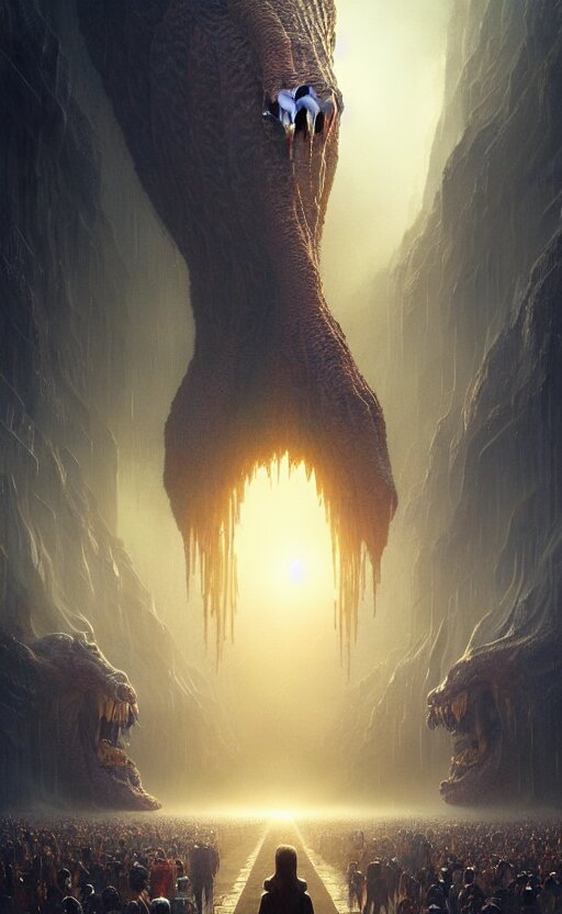 People running away from the small, harmless monster in the background, highdetail, 8k, ornate, dark fantasy, realistic, masterpiece, Trending on art station, complex, WLOP, film still from the movie directed by Denis Villeneuve with art direction by  Alex Grey, Greg Rutkowski. Make the monster smaller and less intimidating