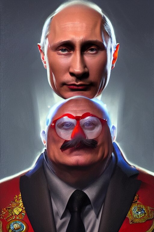 vladimir putin as a stupid robotnik of the Soviet Union, realistic portrait, symmetrical, highly detailed, digital painting, artstation, concept art, smooth, sharp focus, illustration, cinematic lighting, art by artgerm and greg rutkowski and alphonse mucha. replace eggman with the Soviet Union