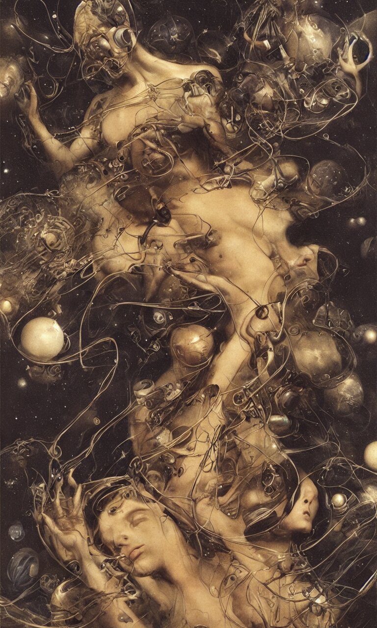 headphones floating in space, by wayne barlowe, by gustav moreau, by goward, by gaston bussiere, by roberto ferri, by santiago caruso, by luis ricardo falero, by austin osman spare, by saturno butto