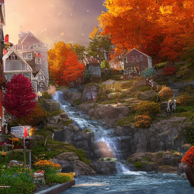 portsmouth new hampshire fantasy street with a waterfall built on a hill, many shops on street, chimneys on buildings, large fall mountain, pumpkin people walking, fall foliage, over the garden wall, thomas kinkade, light cinematic, otherworldly, volumetric, realistic, cinematic lighting, ray tracing, unreal engine 5, unreal engine render, octane render, hyper realistic, photo, 8 k