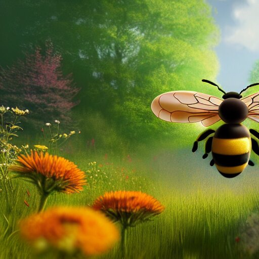 large cute bee flying to crimson - black cute bee art school, in a beautiful forest meadow village landscape, flowers, happy trees, photorealistic, octane render, rtx, hdr, unreal engine, digital art widescreen 8 k, studio ghibli, disney, wlop