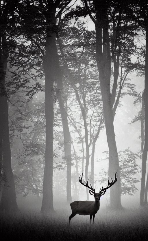 A portrait of a mighty and deer with antlers looking straight in the camera, there is tall grass, dark forest in the background, phenomenal photography, ambient light, sunrays from the left, fog, 8 5 mm f 1. 8, composition by Robert Capa. Combine the deer and the tall grass with a landscape background.