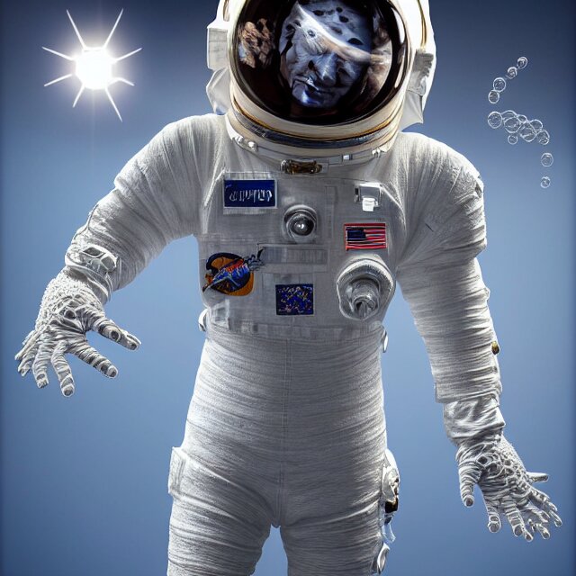 realistic extremely detailed  photo style  painting of a complete astronaut suit with exposed diamond 3d fractal lace iridescent bubble 3d skin clear brain+,one hand holding a glowing sparkle plasma spear ,multiple chest  arm and legs chelate appendages,  inside a  room made of multiple  feeler chelate appendages , monolithic retro futuristic ,water , style hybrid mix of beeple+Anton Pieck+Jean Delville+ Amano,Yves Tanguy+ Alphonse Mucha+ Ernst Haeckel+ Edward Robert Hughes+Stanisław Szukalski ,  rich moody colors,diamond dust glitter and sparkles, holographic krypton ion,blue eyes,octane render,4k, f32,55mm photography,wide angle ,jumping float Pose,full shot  