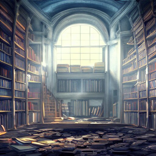 abandoned library, concept art, 4 k digital painting, sunbeams, trending on artstation, detailed, medium shot 