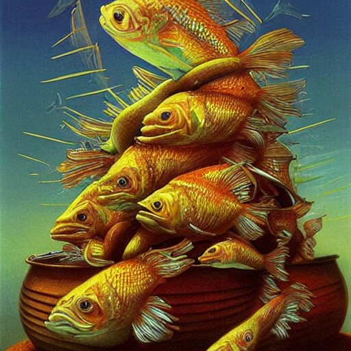 Vladimir Kush, Surprised fish sitting on the top of a pile of fish, all the fish are inside a cooking pot on fire, side view, dystopian art, rococo. Change it to a dystopian view of the world.