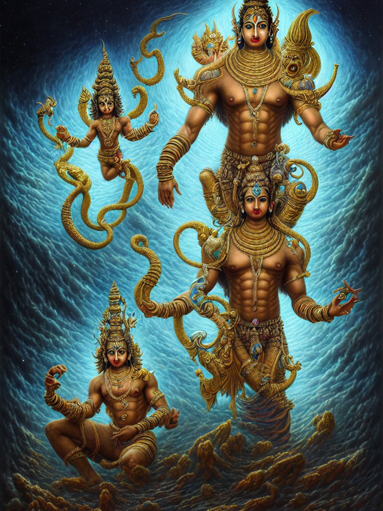 lord vishnu, full body portrait, bodybuilder, birth of the universe, multiverse, realistic, hyperdimensional, biolummineous, vivid color, intricate, elegant, highly detailed, centered, artstation, concept art, smooth, sharp focus, Tomasz Alen Kopera, Peter Mohrbacher, donato giancola, Joseph Christian Ley. Make it a glowing, bioluminescent organism