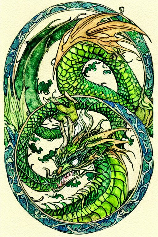 Add movement to the green dragon painting by Walter Crane and Arthur Rackham!. make the dragon move