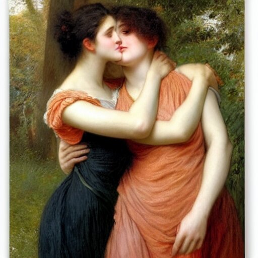 young man in orange t - shirt and young woman in black hair hugging, in a poetic landscape by pierre - auguste cot. In a poetic landscape