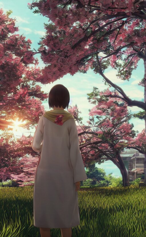 anime style, gta 5, panoramic view of girl, centered, yukata clothing, sakura tree in background, short hair, hair down, symmetrical facial features, from arknights, hyper realistic, extreme detail, volumetric lights, 4 k drawing, safebooru, realistic lighting, by alphonse mucha, greg rutkowski, sharp focus, backlit