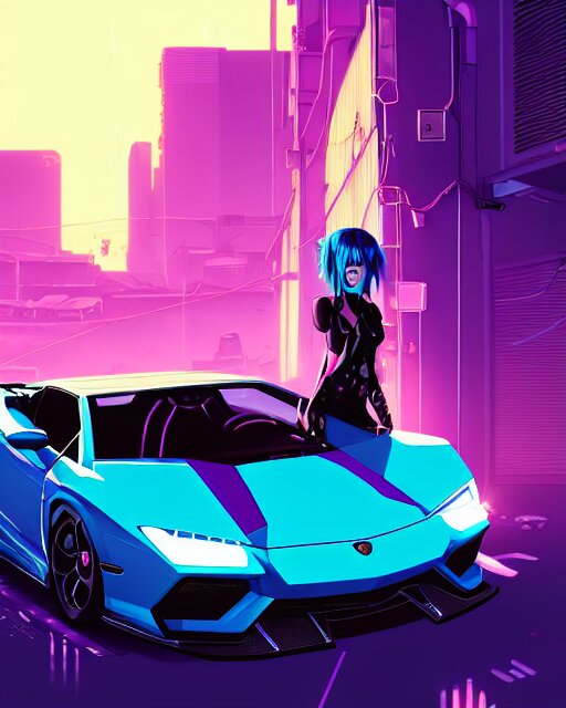 digital illustration of cyberpunk pretty girl with blue hair, standing in front of a purple lamborghini, in junkyard at night, by makoto shinkai, ilya kuvshinov, lois van baarle, rossdraws, basquiat