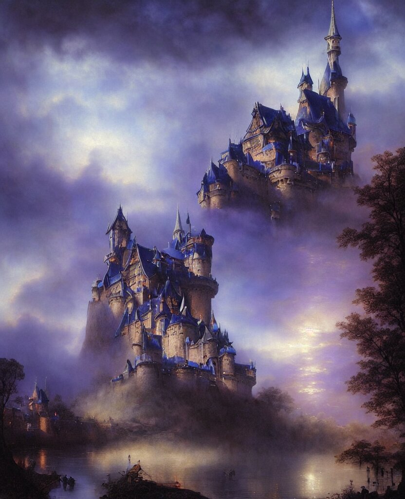 beautiful matte airbrush painting of a european medieval castle made of light, ispired b yoshitaka amano and gilbert williams, clear painting and good lighting, dark blue and intense purple color palette, mystical fog, art by gilbert williams, andreas achenbach, clement ascher, tom bagshaw and sabbas apterus, high quality