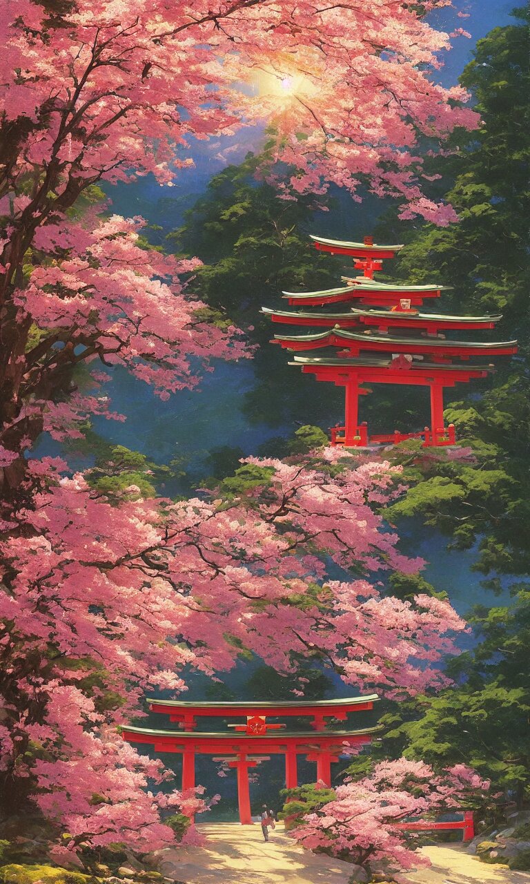 a  traditional Japanese quite Torii on a mountain，sunshine, pink petals fly, MAPLE TREE, by studio ghibli painting, wide angle , low-angle shot, by Joaquin Sorolla rhads Leyendecker, by Ohara Koson and Thomas Kinkade, traditional Japanese colors, superior quality, masterpiece