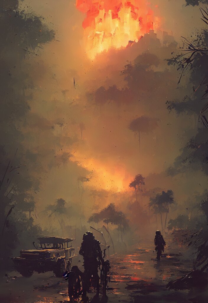 ismail inceoglu painting of vietnam war scenary, year 1 9 7 0, jungle, fire smoke and explosions, painting, line art, art concept for a book cover, trending on artstation, by ismail inceoglu and by craig mullins and by kilian eng and by jake parker. Add some epic proportions