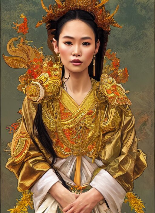 portrait of a thai cyber women wearing traditional costume, highly detailed, digital painting, artstation, concept art, sharp focus, illustration, art by kittichai rueangchaichan and james gurney and alphonse mucha. make her into cyber women