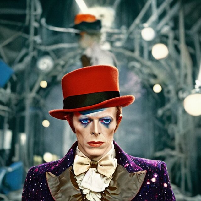 stunning awe inspiring portrait of david bowie playing willy wonka, movie still 8 k hdr atmospheric lighting, highly detailed, by annie leibovitz, photorealistic, hyperrealistic, octane, epic composition, hasselblad camera, 5 0 mm, sharp focus, masterpiece 