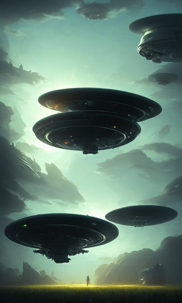 Jordan grimmer - DARK SCI-FI UFO LANDING, CONCEPT ART, LOW ANGLE, HIGH DETAIL, WARM LIGHTING, VOLUMETRIC, GODrays, VIVID, BEAUTIFUL, TRENDING ON ARTSTATIONS, BY JORDAN GRIMMER, HUGELY SCENE, GRASS, GREG. Add a strange, glowing mushroom on the ground.