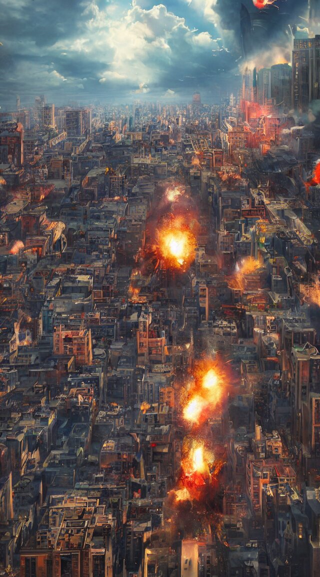 hyperrealistic giant toy tin soldier destroying city, stunning, realistic, highly detailed attributes and atmosphere, dim volumetric cinematic lighting, 8 k octane extremely hyper - detailed render, post - processing, masterpiece, sky, art deco buildings, windows, cars, explosion, street view