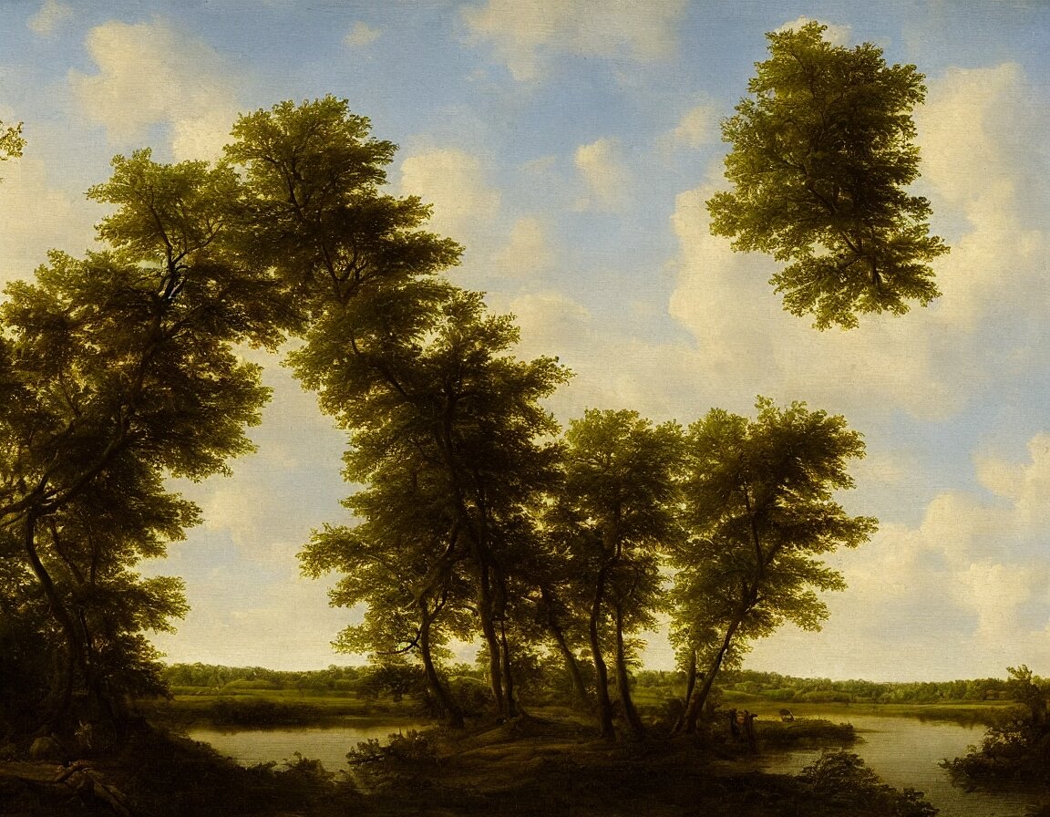 the biesbosch, the netherlands in the style of hudson river school of art, oil on canvas, with a lighter sky. lighten the sky