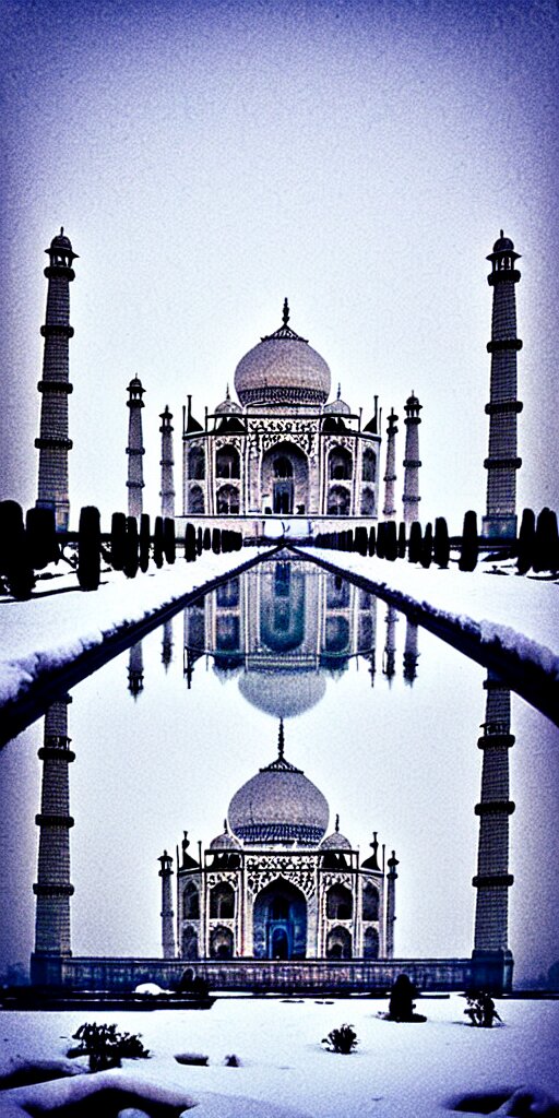 Taj Mahal in the Snow, Painting of Paradise Island. Change to a painting of a paradise island