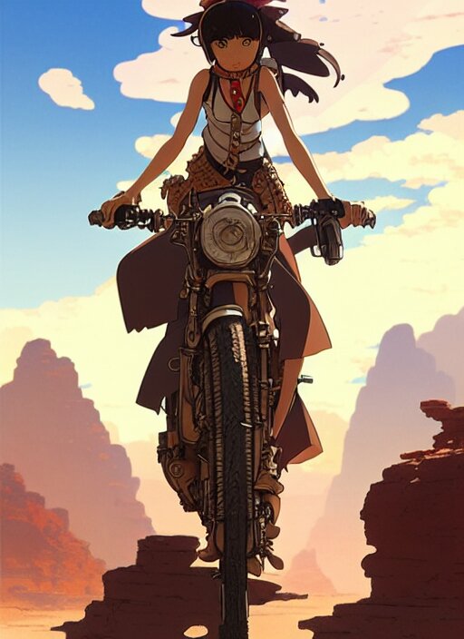 poster for a drama film animation of an adventurer girl riding a steampunk motorcycle on a desert with rocks, cactus, mountains, delicate features finely detailed perfect art, gapmoe yandere grimdark, trending on pixiv fanbox, painted by greg rutkowski makoto shinkai takashi takeuchi studio ghibli