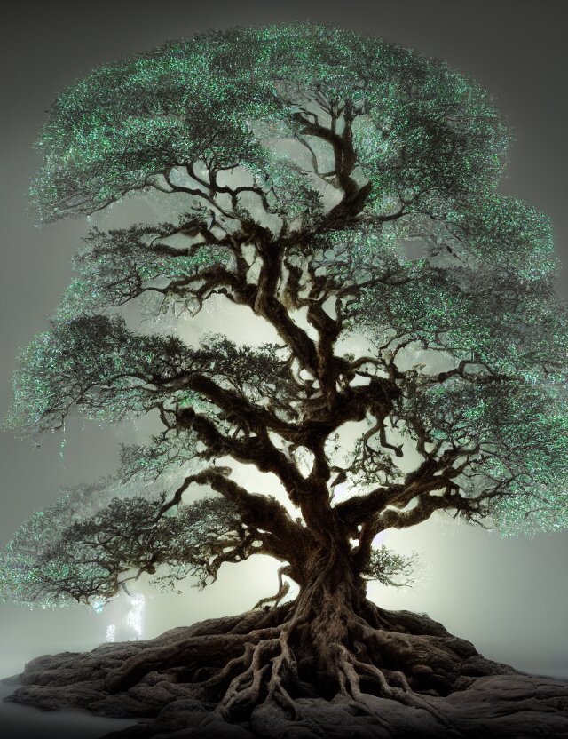 a beautiful angel oak tree of life with glowing lights in the branches with winding buttressed roots rising above a cairn covered in mist with sparkling streams and rivulets of water running down into an underground lake by james jean by roger dean by lee madgewick, at dawn, volumetric light, spiritual light, houdini particles, trending on artstation