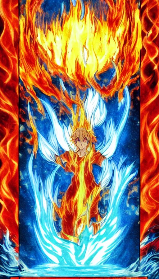 A high quality anime still of fire and water mixing together, conveying a sense of balance - inspired by the Temperance tarot card. Removing the flames and water